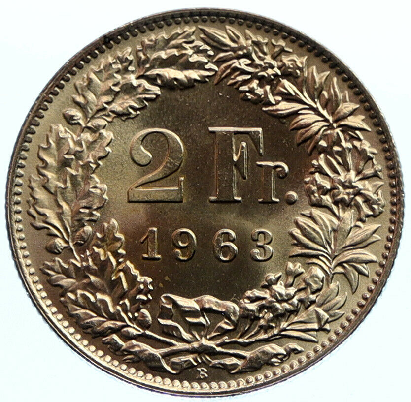 1963 B SWITZERLAND HELVETIA Symbolizes SWISS Nation Silver 2 Francs Coin i96807