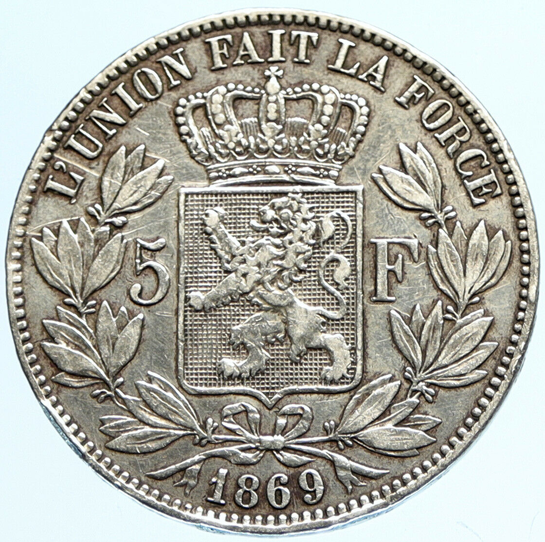 1869 BELGIUM with King LEOPOLD II and LION Antique Silver 5 Francs Coin i97699