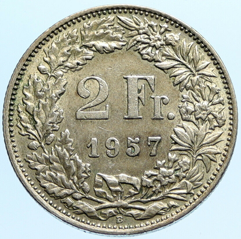 1957 SWITZERLAND - SILVER 2 Francs Coin HELVETIA Symbolizes SWISS Nation i96805