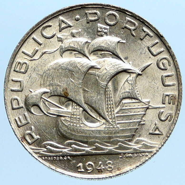 1948 PORTUGAL with PORTUGUESE SAILING SHIP Vintage Silver 5 Escudos Coin i96806