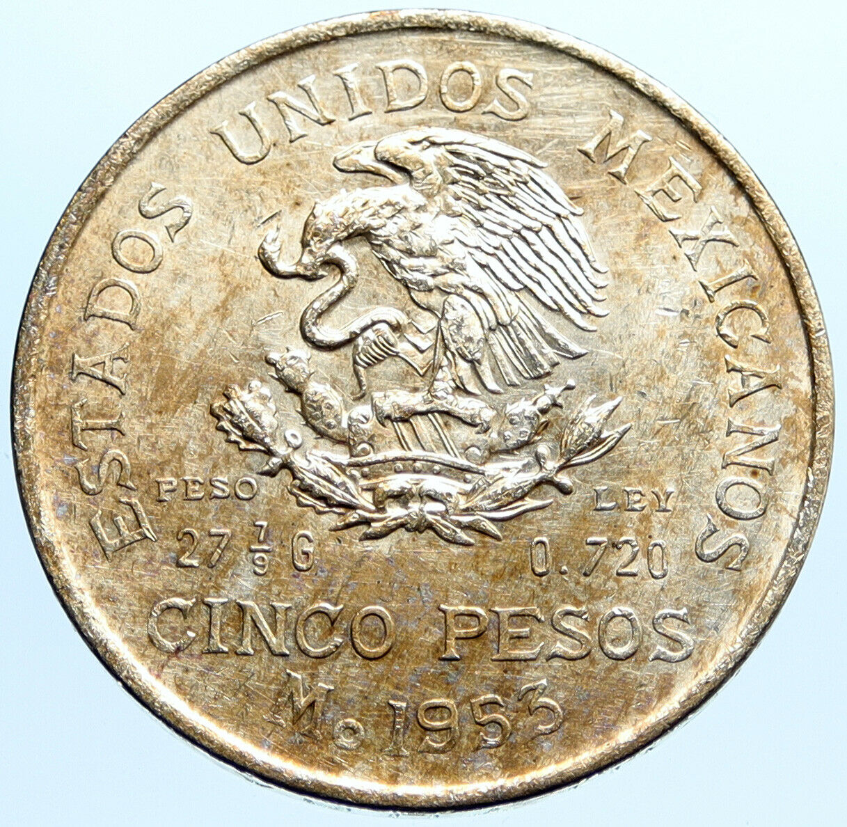 1953 MEXICO Mexican Independence War Hero HIDALGO Big Silver 5 Pesos Coin i96808