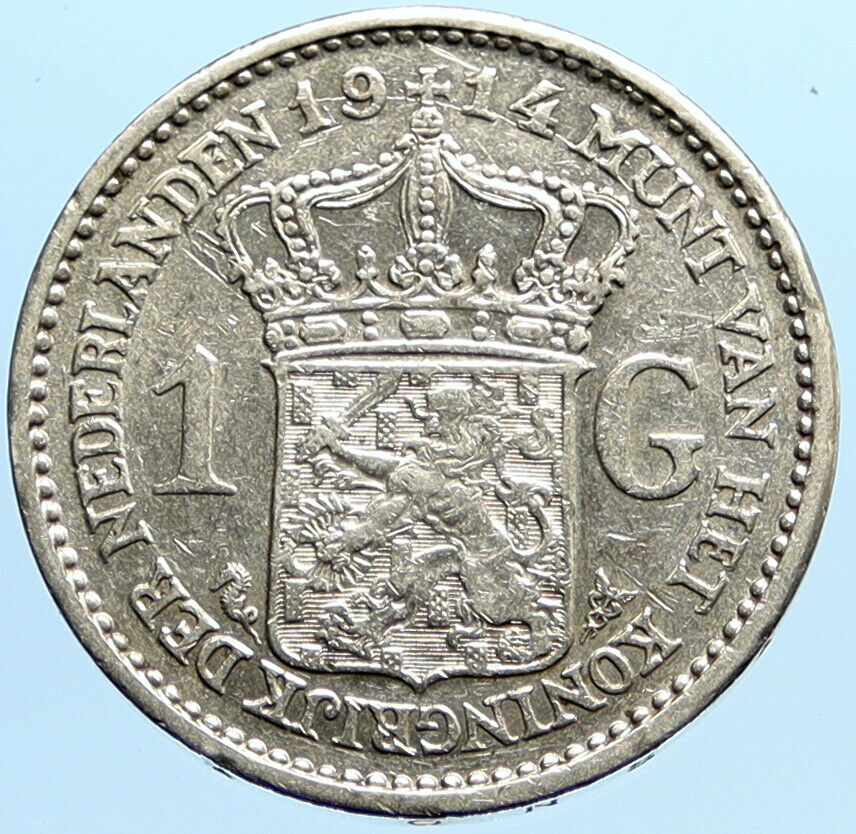 1914 NETHERLANDS Kingdom w Queen WILHELMINA VINTAGE Silver 1 Gulden Coin i96798