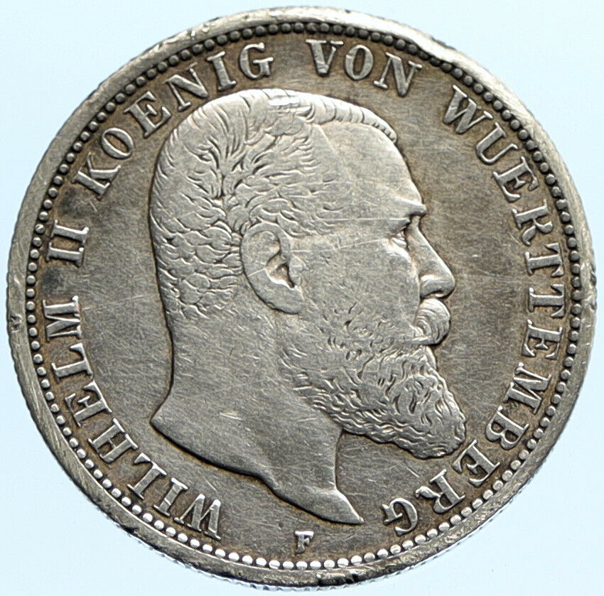 1896F Germany GERMAN STATES Wurttemberg WILHELM II VINTAGE Silver 2M Coin i96810