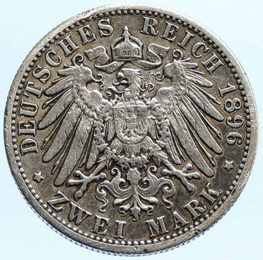 1896F Germany GERMAN STATES Wurttemberg WILHELM II VINTAGE Silver 2M Coin i96810