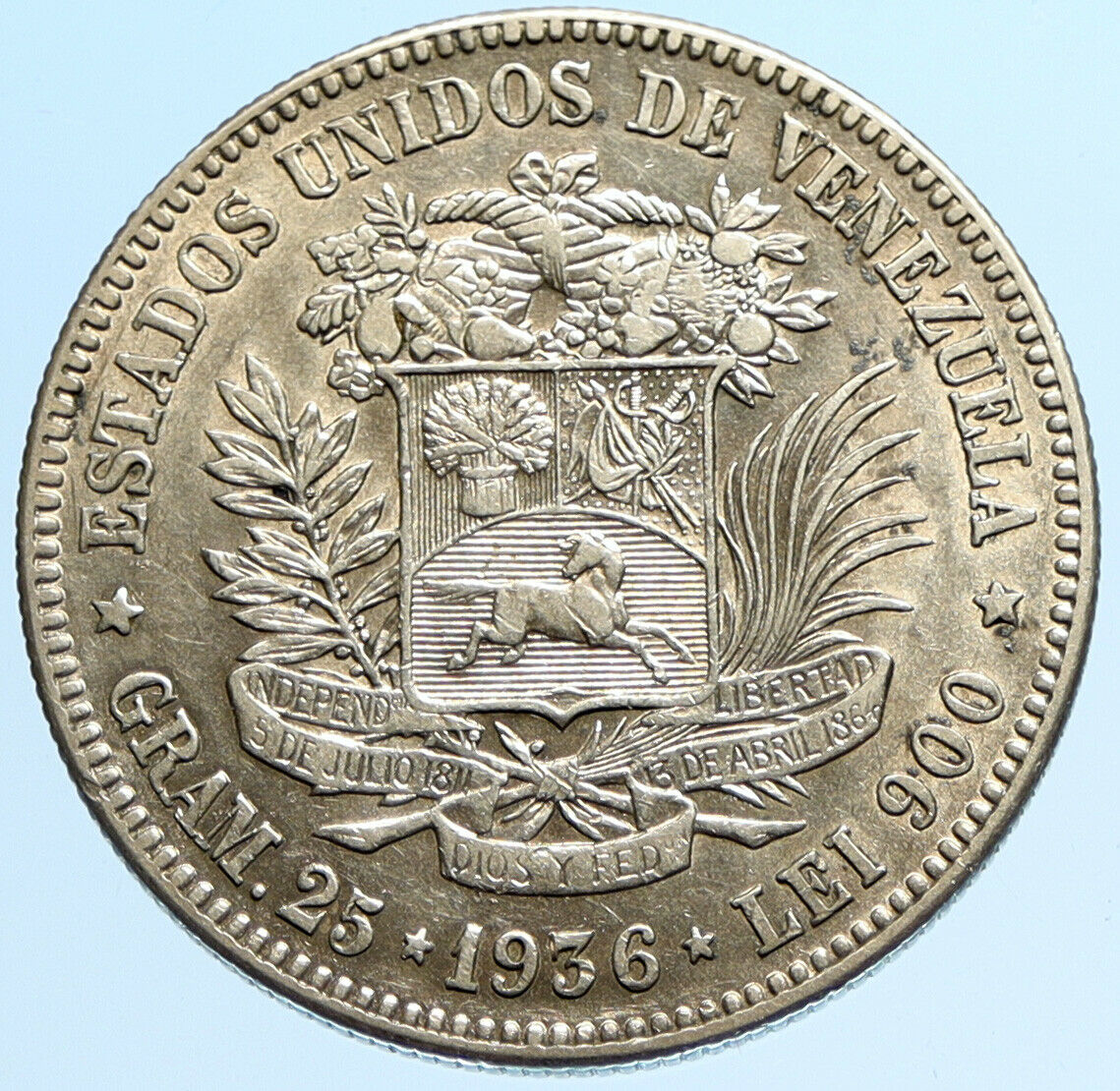 1936 Freemason President Simon Bolivar VENEZUELA Founder Silver 5 B Coin i97697