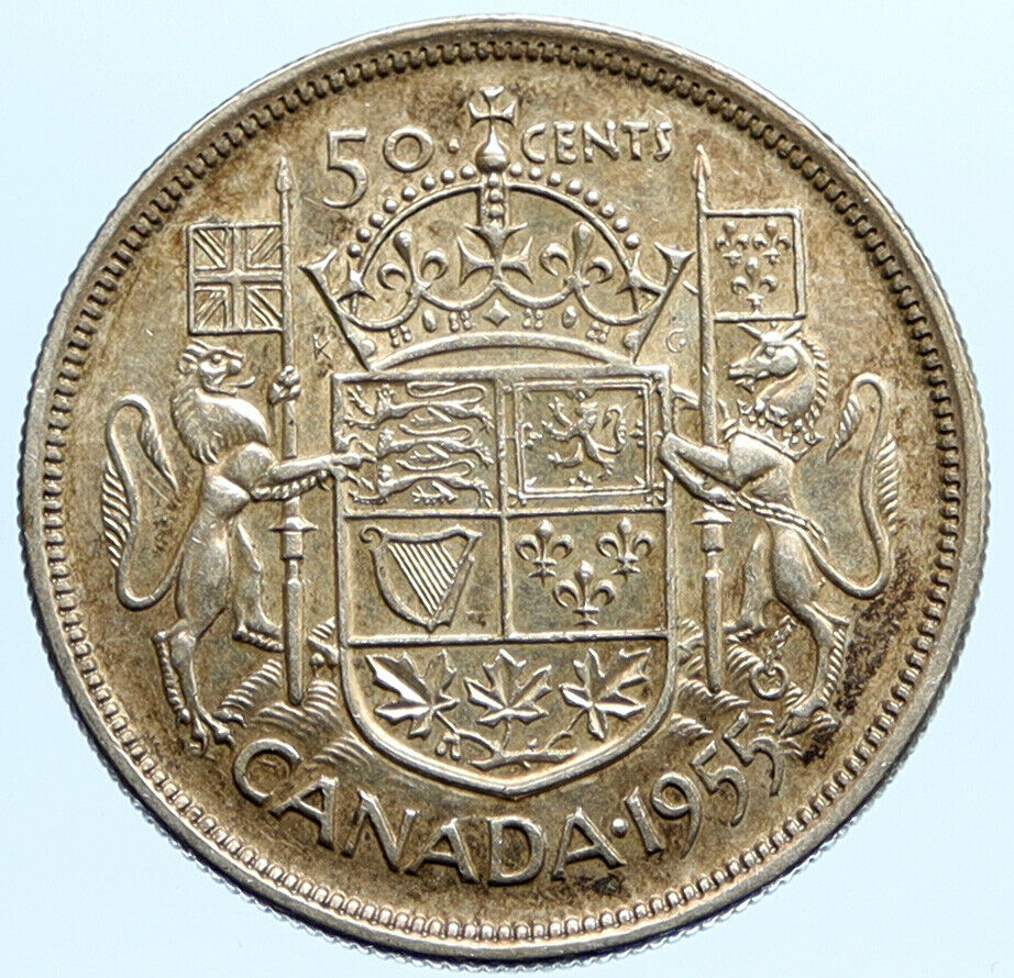 1955 CANADA Large SILVER 50 Cents Coin UK Queen Elizabeth II Coat-of-Arms i96803