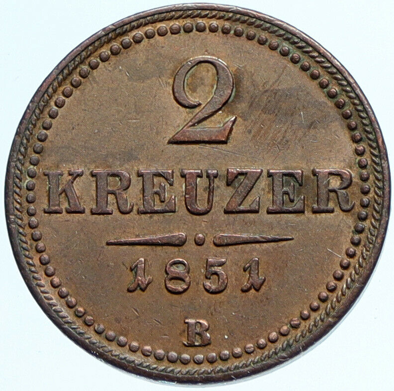 1851 A AUSTRIA KING FRANZ JOSEPH I Eagle Genuine Austrian 2 Kreuzer Coin i97706