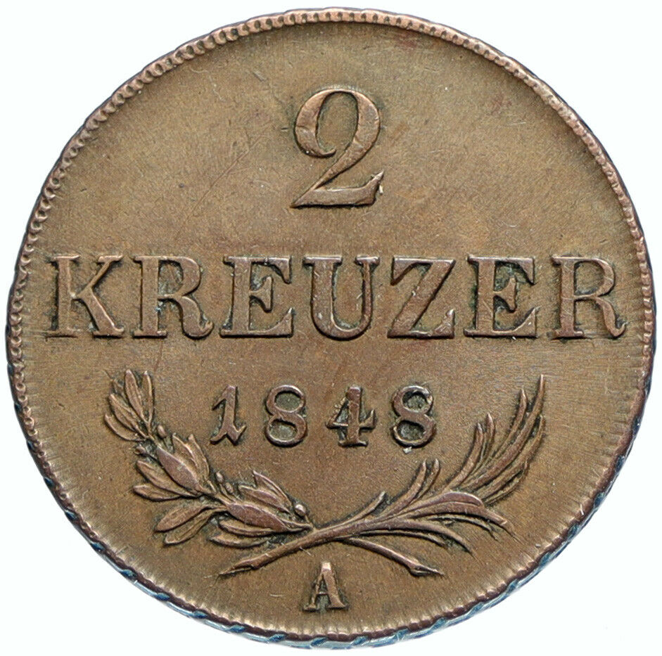 1848 A AUSTRIA KING FRANZ JOSEPH I Eagle Genuine Austrian 2 Kreuzer Coin i97702