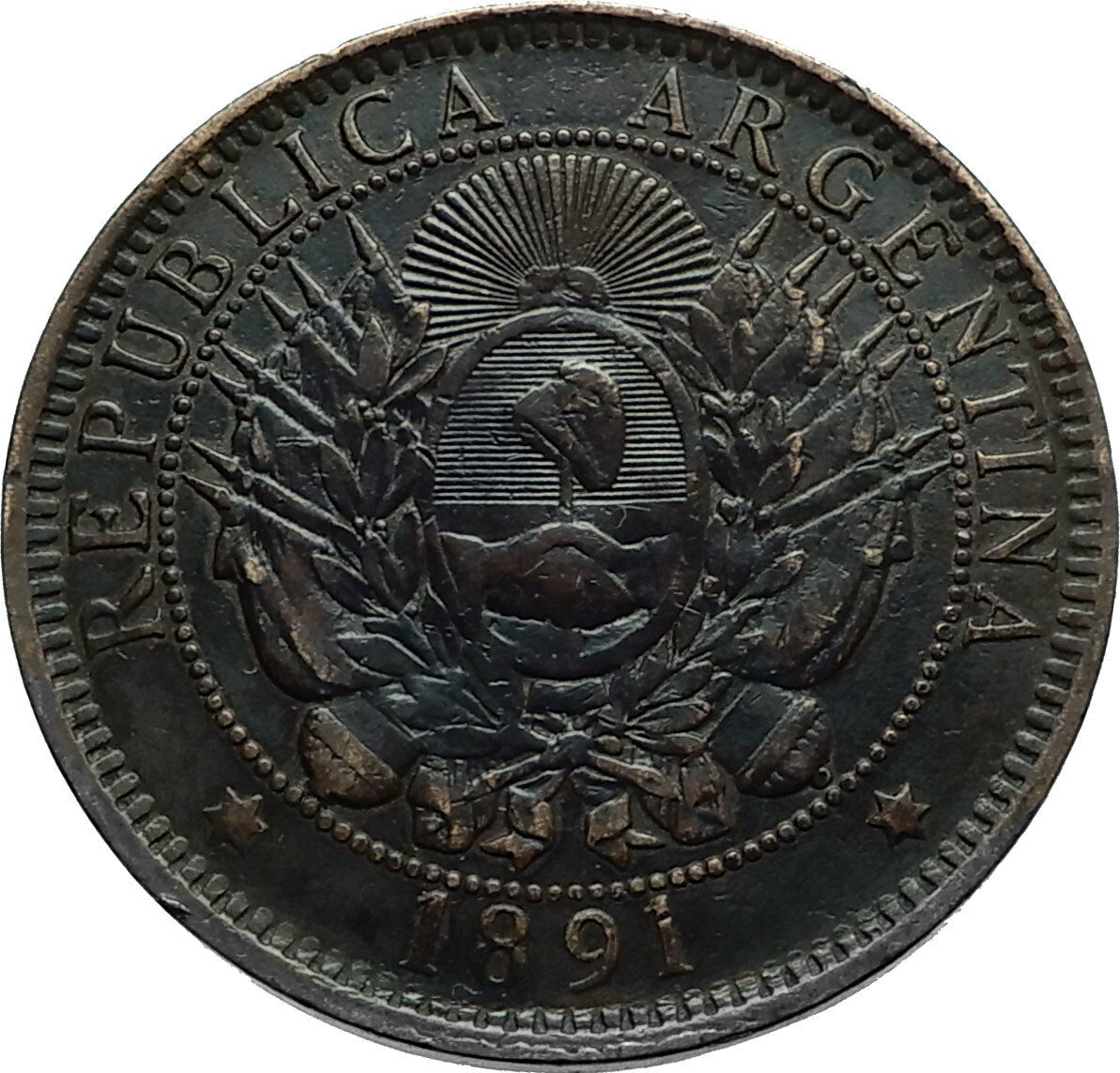 1891 ARGENITINA Authentic Antique Dos 2 Centavos Bronze Coin w FREEDOM i66502