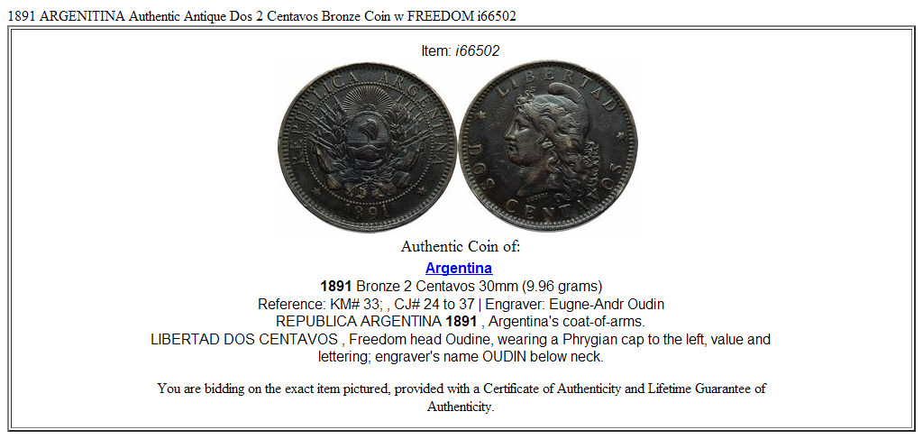 1891 ARGENITINA Authentic Antique Dos 2 Centavos Bronze Coin w FREEDOM i66502