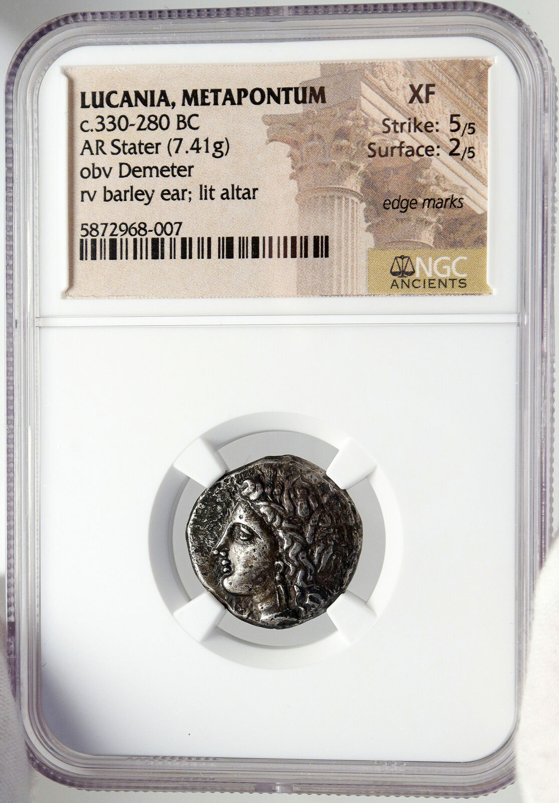 METAPONTION LUCANIA Genuine Ancient 330BC Silver Greek Coin DEMETER NGC i83546