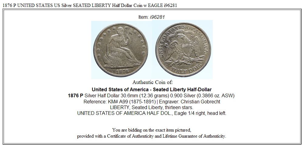 1876 P UNITED STATES US Silver SEATED LIBERTY Half Dollar Coin w EAGLE i96281