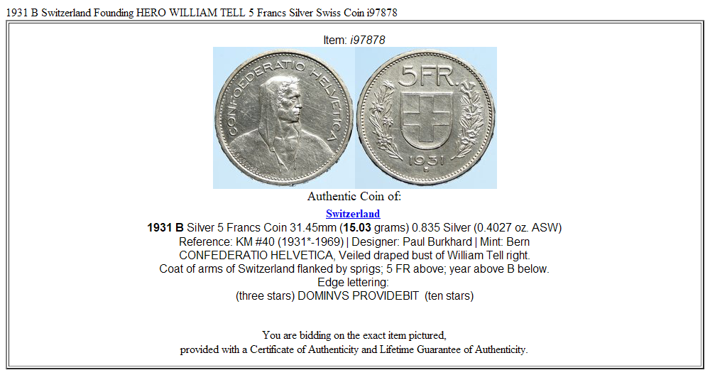 1931 B Switzerland Founding HERO WILLIAM TELL 5 Francs Silver Swiss Coin i97878