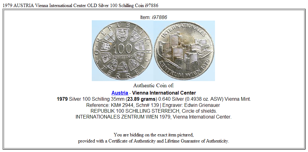 1979 AUSTRIA Vienna International Center OLD Silver 100 Schilling Coin i97886