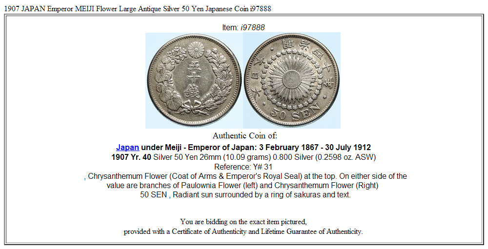 1907 JAPAN Emperor MEIJI Flower Large Antique Silver 50 Yen Japanese Coin i97888