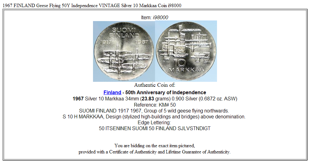 1967 FINLAND Geese Flying 50Y Independence VINTAGE Silver 10 Markkaa Coin i98000