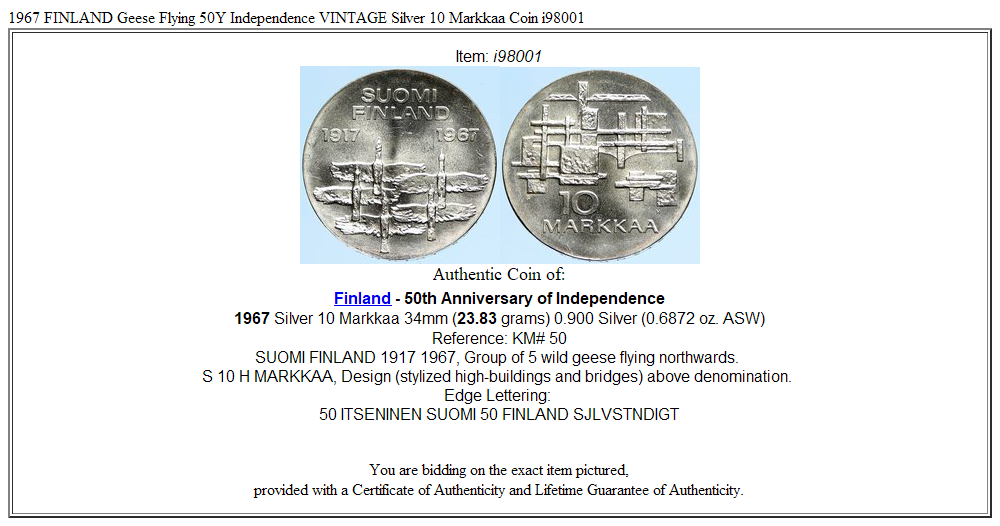 1967 FINLAND Geese Flying 50Y Independence VINTAGE Silver 10 Markkaa Coin i98001