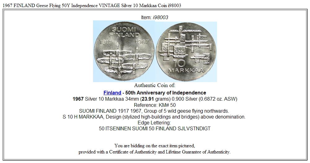 1967 FINLAND Geese Flying 50Y Independence VINTAGE Silver 10 Markkaa Coin i98003