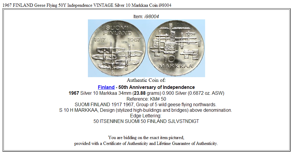 1967 FINLAND Geese Flying 50Y Independence VINTAGE Silver 10 Markkaa Coin i98004