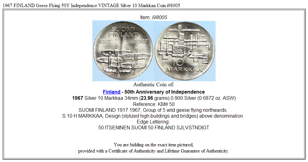 1967 FINLAND Geese Flying 50Y Independence VINTAGE Silver 10 Markkaa Coin i98005