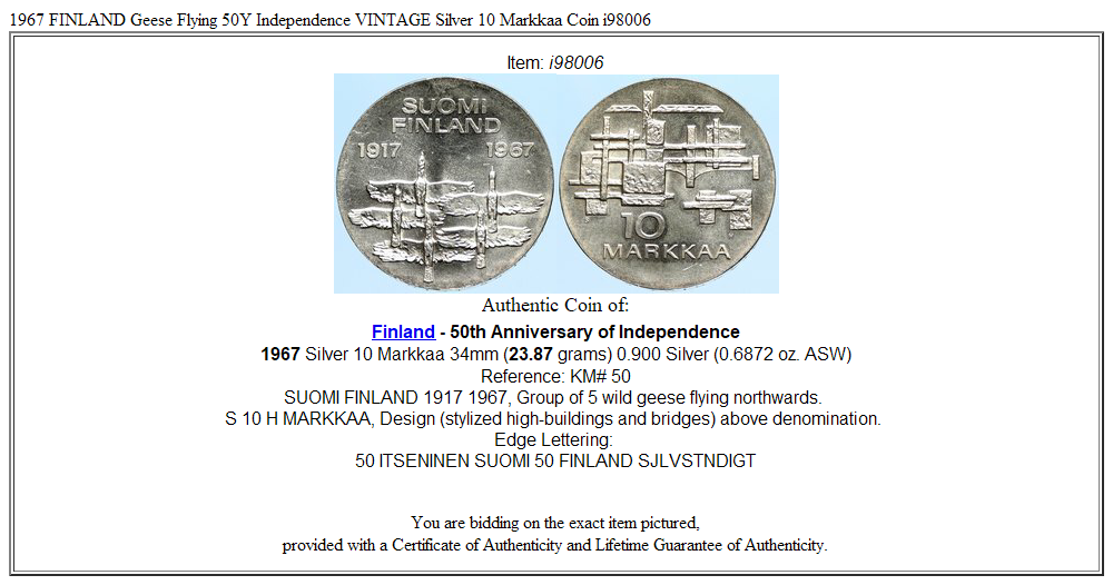 1967 FINLAND Geese Flying 50Y Independence VINTAGE Silver 10 Markkaa Coin i98006