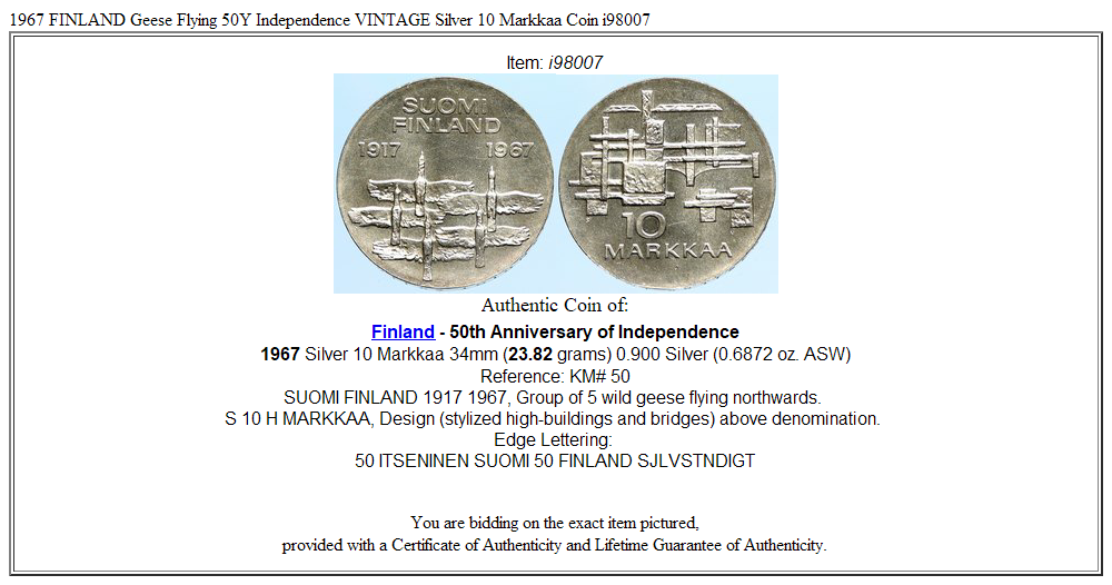 1967 FINLAND Geese Flying 50Y Independence VINTAGE Silver 10 Markkaa Coin i98007