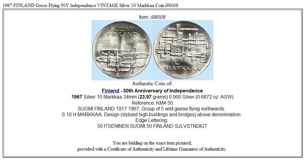 1967 FINLAND Geese Flying 50Y Independence VINTAGE Silver 10 Markkaa Coin i98008