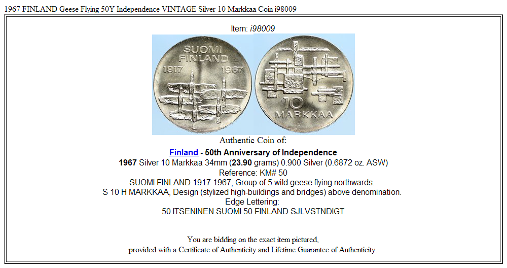 1967 FINLAND Geese Flying 50Y Independence VINTAGE Silver 10 Markkaa Coin i98009