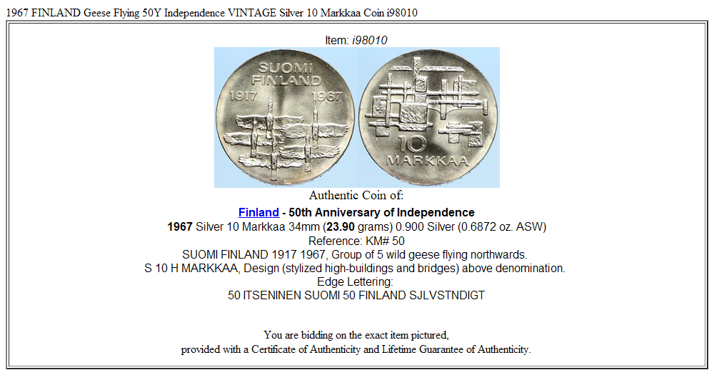 1967 FINLAND Geese Flying 50Y Independence VINTAGE Silver 10 Markkaa Coin i98010