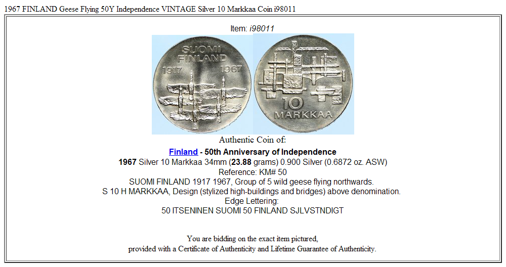 1967 FINLAND Geese Flying 50Y Independence VINTAGE Silver 10 Markkaa Coin i98011