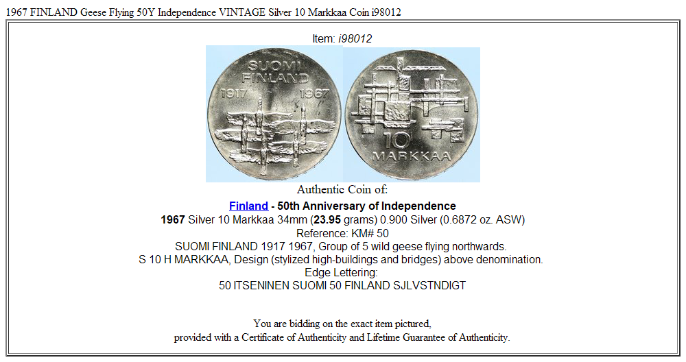 1967 FINLAND Geese Flying 50Y Independence VINTAGE Silver 10 Markkaa Coin i98012