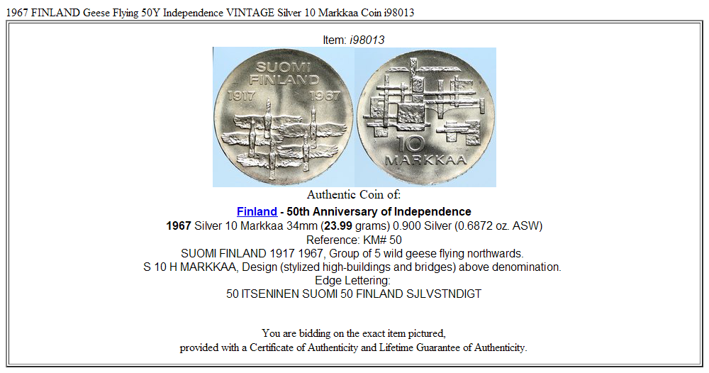 1967 FINLAND Geese Flying 50Y Independence VINTAGE Silver 10 Markkaa Coin i98013