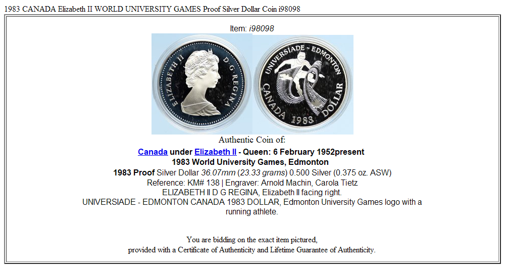 1983 CANADA Elizabeth II WORLD UNIVERSITY GAMES Proof Silver Dollar Coin i98098