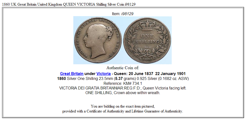 1860 UK Great Britain United Kingdom QUEEN VICTORIA Shilling Silver Coin i98129