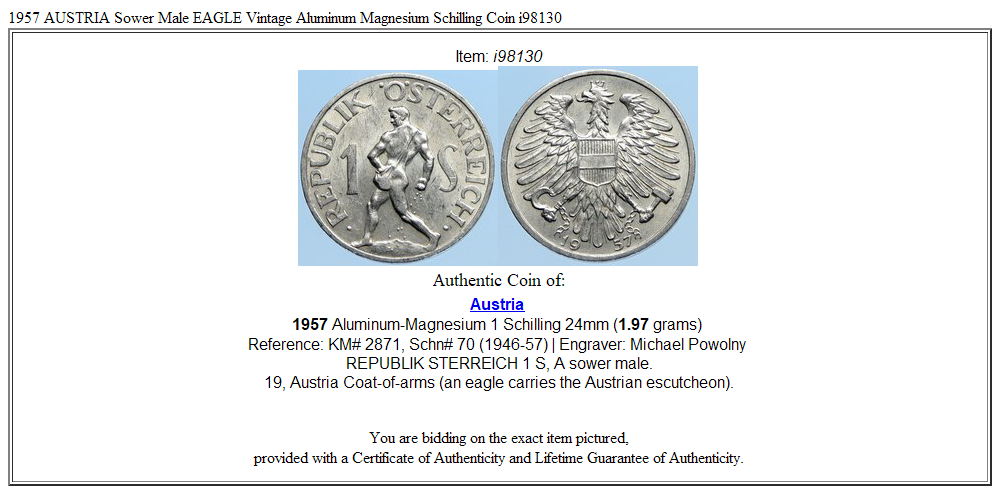 1957 AUSTRIA Sower Male EAGLE Vintage Aluminum Magnesium Schilling Coin i98130