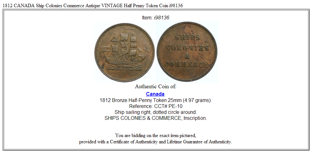 1812 CANADA Ship Colonies Commerce Antique VINTAGE Half Penny Token Coin i98136