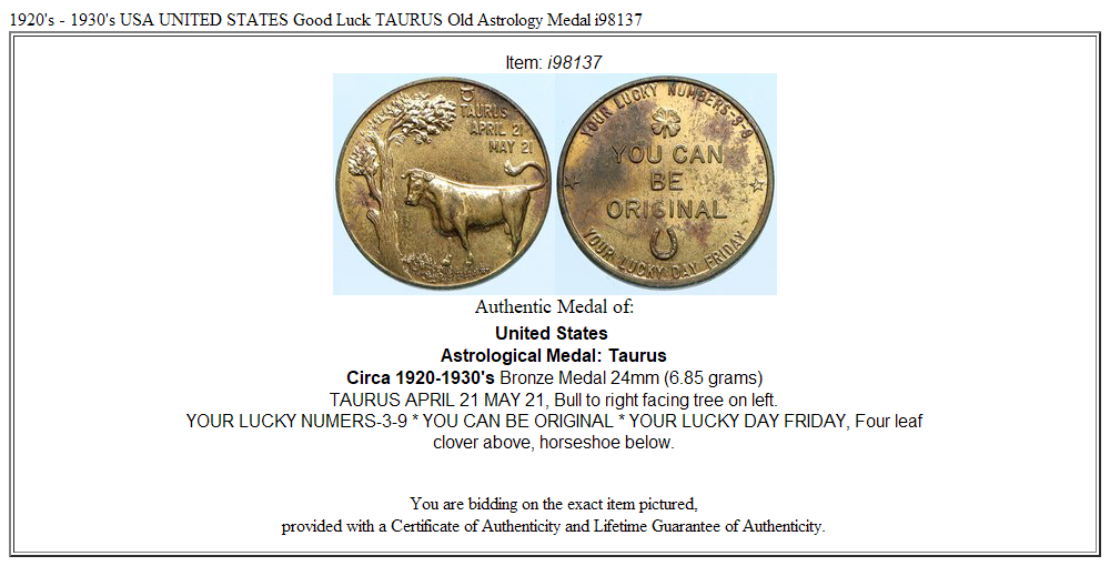 1920's - 1930's USA UNITED STATES Good Luck TAURUS Old Astrology Medal i98137