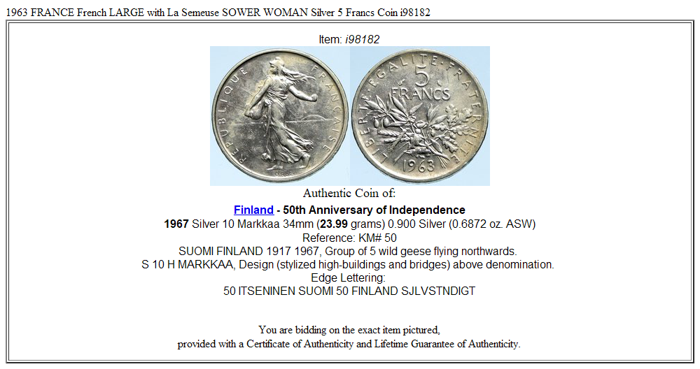 1963 FRANCE French LARGE with La Semeuse SOWER WOMAN Silver 5 Francs Coin i98182