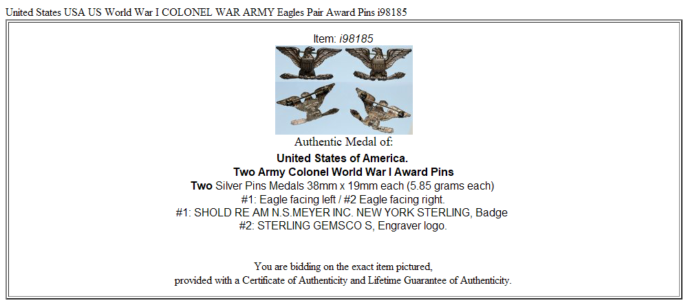 United States USA US World War I COLONEL WAR ARMY Eagles Pair Award Pins i98185