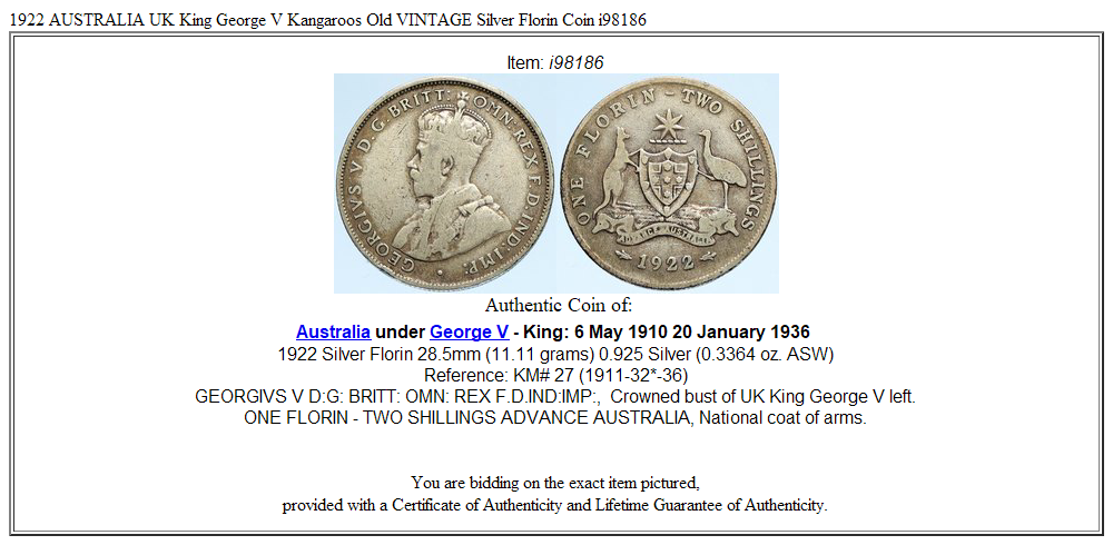 1922 AUSTRALIA UK King George V Kangaroos Old VINTAGE Silver Florin Coin i98186