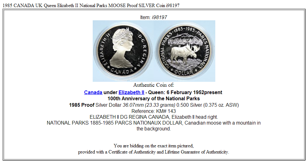 1985 CANADA UK Queen Elizabeth II National Parks MOOSE Proof SILVER Coin i98197