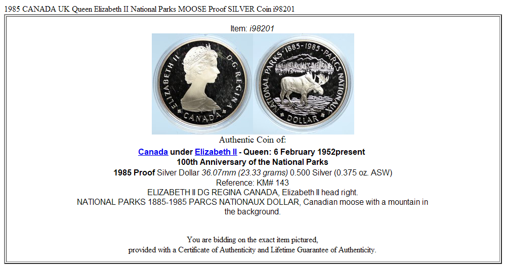 1985 CANADA UK Queen Elizabeth II National Parks MOOSE Proof SILVER Coin i98201