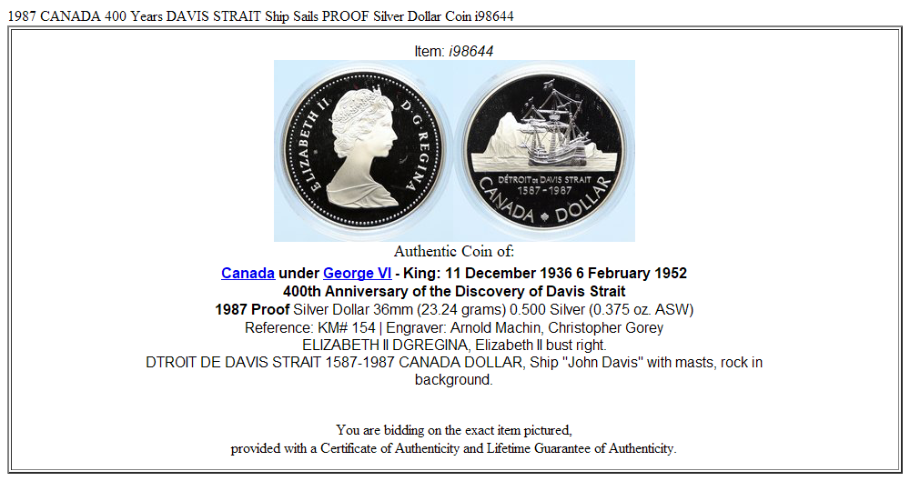 1987 CANADA 400 Years DAVIS STRAIT Ship Sails PROOF Silver Dollar Coin i98644