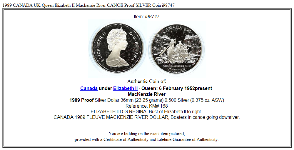 1989 CANADA UK Queen Elizabeth II Mackenzie River CANOE Proof SILVER Coin i98747