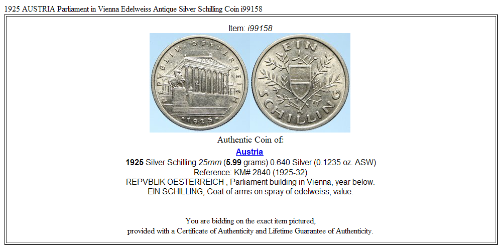 1925 AUSTRIA Parliament in Vienna Edelweiss Antique Silver Schilling Coin i99158