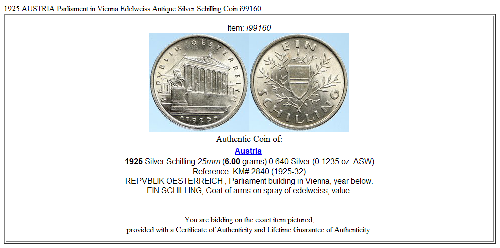 1925 AUSTRIA Parliament in Vienna Edelweiss Antique Silver Schilling Coin i99160