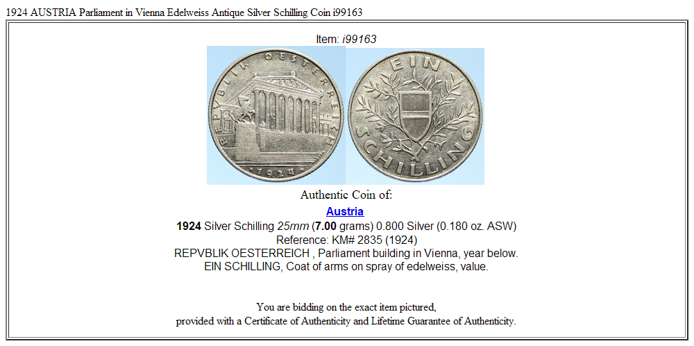 1924 AUSTRIA Parliament in Vienna Edelweiss Antique Silver Schilling Coin i99163