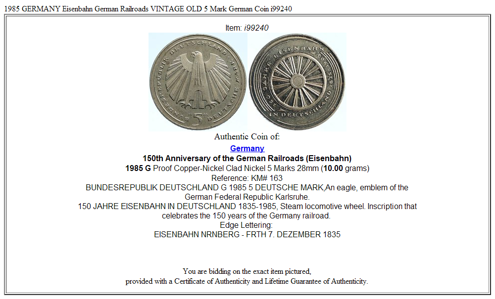 1985 GERMANY Eisenbahn German Railroads VINTAGE OLD 5 Mark German Coin i99240