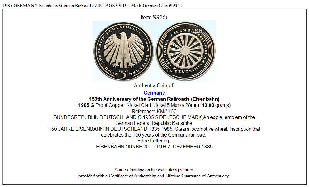 1985 GERMANY Eisenbahn German Railroads VINTAGE OLD 5 Mark German Coin i99241