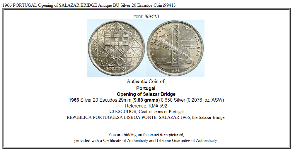 1966 PORTUGAL Opening of SALAZAR BRIDGE Antique BU Silver 20 Escudos Coin i99413